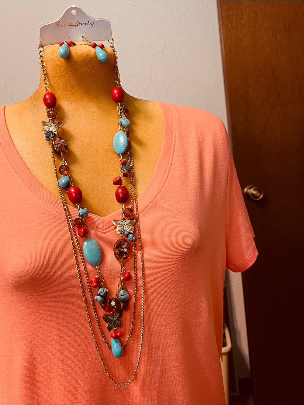 Fashion Jewelry Turquoise and Red Multi-Strand Necklace with Butterfly Accents